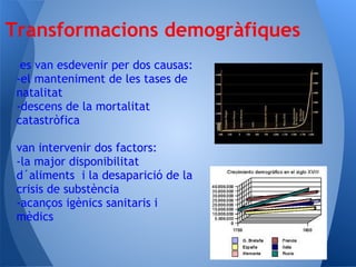 Transformacions demogràfiques
  es van esdevenir per dos causas:
 -el manteniment de les tases de
 natalitat
 -descens de la mortalitat
 catastròfica

 van intervenir dos factors:
 -la major disponibilitat
 d´aliments i la desaparició de la
 crisis de substència
 -acanços igènics sanitaris i
 mèdics
 
