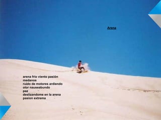 arena frío viento pasión
medanos
ruido de motores ardiendo
olor nauseabundo
paz
deslizandome en la arena
pasion extrema
Arena
 