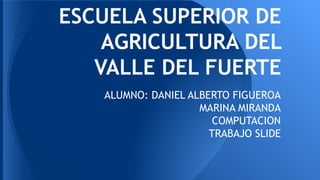 ESCUELA SUPERIOR DE
AGRICULTURA DEL
VALLE DEL FUERTE
ALUMNO: DANIEL ALBERTO FIGUEROA
MARINA MIRANDA
COMPUTACION
TRABAJO SLIDE

 