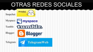 OTRAS REDES SOCIALES 
Snapchat: 
Myspace: 
Tumblr: 
Blogger: 
Telegram: 
 