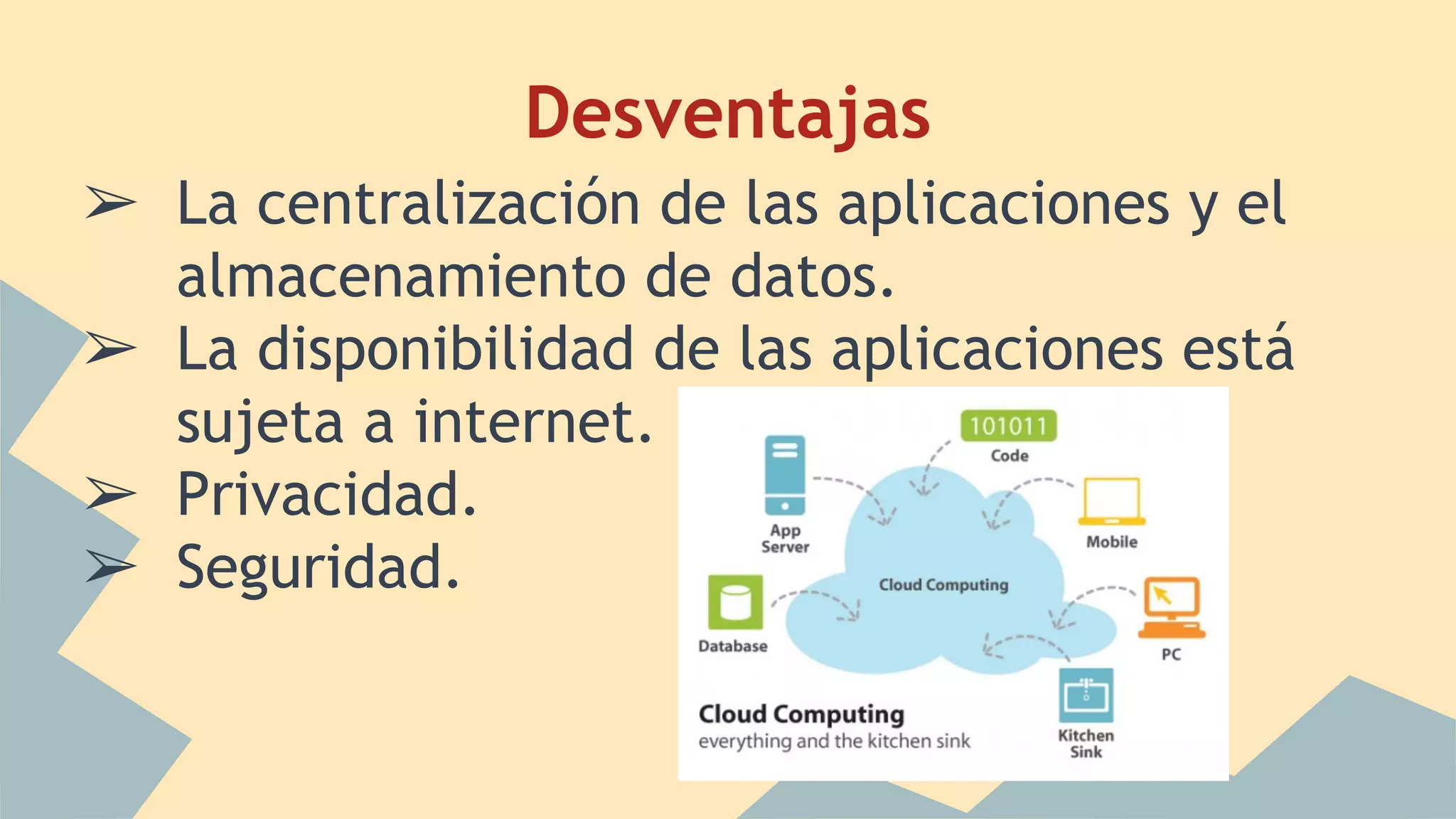 Desventajas 
➢ La centralización de las aplicaciones y el 
almacenamiento de datos. 
➢ La disponibilidad de las aplicaciones está 
sujeta a internet. 
➢ Privacidad. 
➢ Seguridad. 
 