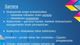 Sarrera
● Ebaluazioak eragin erabakitzailea:
o Irakasleek irakasten duten edukian
o Irakaslearen programan
● Ikaskuntzak→ garrantzi handia, ikasleek ebaluazioaren
ezaugarriekiko duten pertzeptzioan.
● Ikaskuntza- ebaluaketa (elkar baldintzatu)
aldatzeko→ jarraitu behar den norabidea→ Egiazko
konpetentziak
● Orduan, ebaluaketa moldatu beharko da
 
