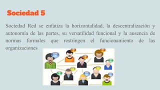 Sociedad 5
Sociedad Red se enfatiza la horizontalidad, la descentralización y
autonomía de las partes, su versatilidad funcional y la ausencia de
normas formales que restringen el funcionamiento de las
organizaciones
 
