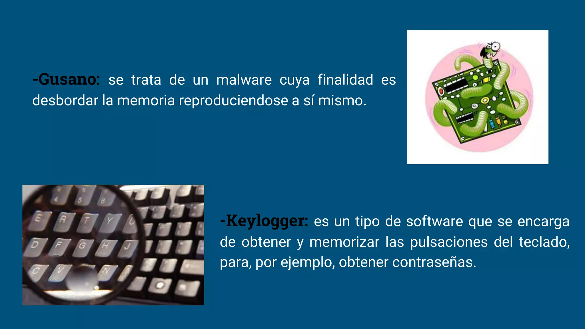 -Gusano: se trata de un malware cuya finalidad es
desbordar la memoria reproduciendose a sí mismo.
-Keylogger: es un tipo de software que se encarga
de obtener y memorizar las pulsaciones del teclado,
para, por ejemplo, obtener contraseñas.
 