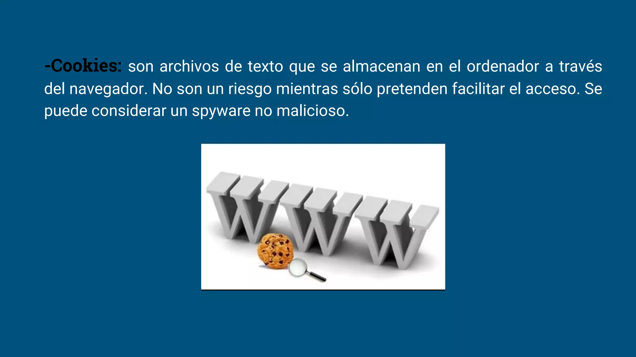 -Cookies: son archivos de texto que se almacenan en el ordenador a través
del navegador. No son un riesgo mientras sólo pretenden facilitar el acceso. Se
puede considerar un spyware no malicioso.
 