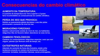 Consecuencias do cambio climático
AUMENTO DA TEMPERATURA:
O aumento da temperatura da Terra superior a 2 graos
faría incontrolables as consecuencias do cambio climático.
PERDA DO XEO QUE PROVOCA:
Debido ao quecemento global derretese o xeo dos polos
provocando o aumento do nivel do mar.
MIGRACIÓNS FORZOSAS:
Debido á almarmante subida do nivel do mar, os habitantes
dalgunhas illas de Oceanía deben abandonar as súas terras.
CAMBIOS FENOLÓXICOS:
Cambios no comportamento dalgunhas especies: aves que non
migran, plantas que florecen aves de tempo, etc.
CATÁSTROFES NATURAIS:
Ademáis do aumento da forza dos furacáns, existe unha
tendencia crecente no número de fenómenos climáticos
extremos: tornados, tormentas intensas, secas prolongadas...
 
