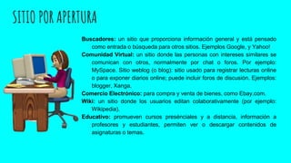 SITIO POR APERTURA
Buscadores: un sitio que proporciona información general y está pensado
como entrada o búsqueda para otros sitios. Ejemplos Google, y Yahoo!
Comunidad Virtual: un sitio donde las personas con intereses similares se
comunican con otros, normalmente por chat o foros. Por ejemplo:
MySpace. Sitio weblog (o blog): sitio usado para registrar lecturas online
o para exponer diarios online; puede incluir foros de discusión. Ejemplos:
blogger, Xanga.
Comercio Electrónico: para compra y venta de bienes, como Ebay.com.
Wiki: un sitio donde los usuarios editan colaborativamente (por ejemplo:
Wikipedia).
Educativo: promueven cursos presénciales y a distancia, información a
profesores y estudiantes, permiten ver o descargar contenidos de
asignaturas o temas.
 