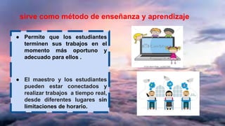 sirve como método de enseñanza y aprendizaje
● Permite que los estudiantes
terminen sus trabajos en el
momento más oportuno y
adecuado para ellos .
● El maestro y los estudiantes
pueden estar conectados y
realizar trabajos a tiempo real,
desde diferentes lugares sin
limitaciones de horario.
 
