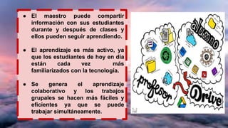 ● El maestro puede compartir
información con sus estudiantes
durante y después de clases y
ellos pueden seguir aprendiendo.
● El aprendizaje es más activo, ya
que los estudiantes de hoy en día
están cada vez más
familiarizados con la tecnología.
● Se genera el aprendizaje
colaborativo y los trabajos
grupales se hacen más fáciles y
eficientes ya que se puede
trabajar simultáneamente.
 