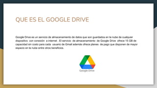 QUE ES EL GOOGLE DRIVE
Google Drive es un servicio de almacenamiento de datos que son guardados en la nube de cualquier
di...