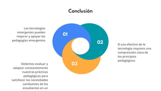 01
02
03
El uso efectivo de la
tecnología requiere una
comprensión clara de
los principios
pedagógicos
Conclusión
Las tecnologías
emergentes pueden
mejorar y apoyar las
pedagogías emergentes
Debemos evaluar y
adaptar constantemente
nuestras prácticas
pedagógicas para
satisfacer las necesidades
cambiantes de los
estudiantes en un
 