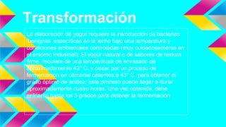 Transformación
La elaboración de yogur requiere la introducción de bacterias
‘benignas’ específicas en la leche bajo una temperatura y
condiciones ambientales controladas (muy cuidadosamente en
el entorno industrial). El yogur natural o de sabores de textura
firme, requiere de una temperatura de envasado de
aproximadamente 43° C. y pasar por un proceso de
fermentación en cámaras calientes a 43° C. para obtener el
grado óptimo de acidez; este proceso puede llegar a durar
aproximadamente cuatro horas. Una vez obtenida, debe
enfriarse hasta los 5 grados para detener la fermentación
 