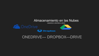 Almacenamiento en las Nubes
ONEDRIVE--DROPBOX--DRIVE
ONEDRIVE--- DROPBOX---DRIVE
 