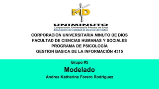 CORPORACIÓN UNIVERSITARIA MINUTO DE DIOS
FACULTAD DE CIENCIAS HUMANAS Y SOCIALES
PROGRAMA DE PSICOLOGÍA
GESTION BASICA DE LA INFORMACIÓN 4315
Grupo #5
Modelado
Andrea Katherine Forero Rodriguez
 