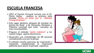 ESCUELA FRANCESA
• 1952 el francés Fernand Lamaze con el Dr.
Pierre Vellay publica su primera obra
titulada “Parto sin dolor por el Método
Psicoprofiláctico”.
• Este sagaz obstetra, después de estudiar las
teorías de Read y de Velvovsky, Nicolaiev y
Platonov concluyó que estas escuelas no
eran incompatibles.
• Propuso el método “parto indoloro”, y no
realizó ningún aporte doctrinario.
• Desarrolla una metodología de 08 sesiones
considerando una con la pareja.
• El método enseña ejercicios de respiración y
relajación, estableciendo la respiración
jadeante para aliviar el periodo expulsivo.
 