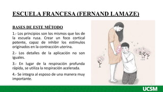 ESCUELA FRANCESA (FERNAND LAMAZE)
BASES DE ESTE MÉTODO
1.- Los principios son los mismos que los de
la escuela rusa. Crear un foco cortical
potente, capaz de inhibir los estímulos
originados en la contracción uterina.
2.- Los detalles de la aplicación no son
iguales.
3.- En lugar de la respiración profunda
rápida, se utiliza la respiración acelerada.
4.- Se integra al esposo de una manera muy
importante.
 