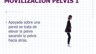 MOVILIZACIÓN PELVIS 1
• Apoyada sobre una
pared se trata de
elevar la pelvis
sacando la pelvis
hacia atrás.
 