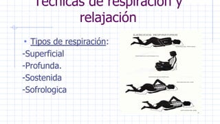 Técnicas de respiración y
relajación
• Tipos de respiración:
-Superficial
-Profunda.
-Sostenida
-Sofrologica
 