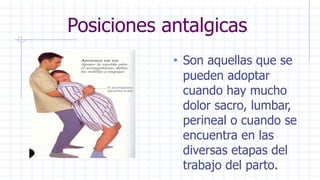 Posiciones antalgicas
• Son aquellas que se
pueden adoptar
cuando hay mucho
dolor sacro, lumbar,
perineal o cuando se
encuentra en las
diversas etapas del
trabajo del parto.
 