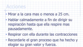 Acciones
• Mirar a la cara mas o menos a 25 cm.
• Hablar calmadamente a fin de dirigir su
respiración hasta que ella respire mas
pausadamente.
• Respirar con ella durante las contracciones
• Recordarle el gran proceso que ha hecho y
elogiar su gran valor y fuerza.
 
