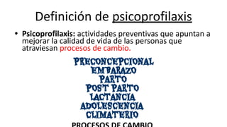 Definición de psicoprofilaxis
• Psicoprofilaxis: actividades preventivas que apuntan a
mejorar la calidad de vida de las personas que
atraviesan procesos de cambio.
PRECONCEPCIONAL
EMBARAZO
PARTO
POST PARTO
LACTANCIA
ADOLESCENCIA
CLIMATERIO
 