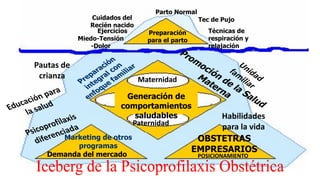 Ejercicios Preparación
para el parto
Técnicas de
respiración y
relajación
Miedo-Tensión
-Dolor
Tec de Pujo
Cuidados del
Recién nacido
Preparación
integral con
enfoque fam
iliar
Parto Normal
Promoción de la Salud
Materna
Generación de
comportamientos
saludables
Psicoprofilaxis
diferenciada
Maternidad
Paternidad
Demanda del mercado
Habilidades
para la vida
Unidad
familiar
Pautas de
crianza
Educación para
la salud
OBSTETRAS
EMPRESARIOS
Marketing de otros
programas
POSICIONAMIENTO
 