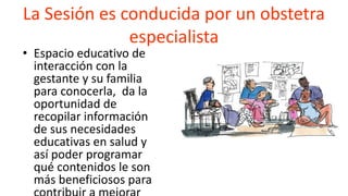 La Sesión es conducida por un obstetra
especialista
• Espacio educativo de
interacción con la
gestante y su familia
para conocerla, da la
oportunidad de
recopilar información
de sus necesidades
educativas en salud y
así poder programar
qué contenidos le son
más beneficiosos para
 