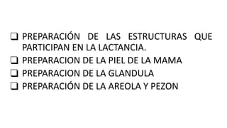 ❑ PREPARACIÓN DE LAS ESTRUCTURAS QUE
PARTICIPAN EN LA LACTANCIA.
❑ PREPARACION DE LA PIEL DE LA MAMA
❑ PREPARACION DE LA GLANDULA
❑ PREPARACIÓN DE LA AREOLA Y PEZON
 