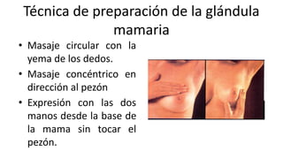 Técnica de preparación de la glándula
mamaria
• Masaje circular con la
yema de los dedos.
• Masaje concéntrico en
dirección al pezón
• Expresión con las dos
manos desde la base de
la mama sin tocar el
pezón.
 