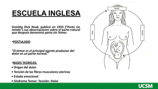 ESCUELA INGLESA
Granthy Dick Read, publicó en 1933 (“Parto sin
miedo”) sus observaciones sobre el parto natural
que después denominó parto sin Temor.
•POSTULADO
“El temor es el principal agente productor del
dolor en un parto normal.”
•BASES TEORICAS:
• Origen del dolor
• Tensión de las fibras musculares uterinas
• Estado emocional
• Síndrome Temor- Tensión- Dolor
 