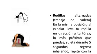 • Rodillas alternadas
(trabajo de cadera)
En la misma posición, al
exhalar lleva tu rodilla
en dirección a tu tórax,
lo más próximo que
puedas, sujeta durante 5
segundos, regresa
inhalando, repite con la
 