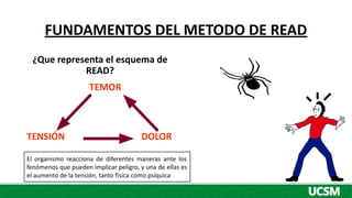 FUNDAMENTOS DEL METODO DE READ
¿Que representa el esquema de
READ?
TEMOR
TENSIÓN DOLOR
El organismo reacciona de diferentes maneras ante los
fenómenos que pueden implicar peligro, y una de ellas es
el aumento de la tensión, tanto física como psíquica
 