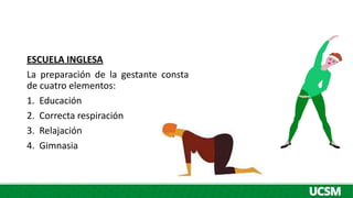 ESCUELA INGLESA
La preparación de la gestante consta
de cuatro elementos:
1. Educación
2. Correcta respiración
3. Relajación
4. Gimnasia
 
