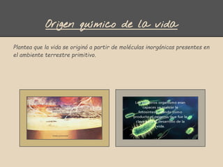 Origen químico de la vida
Plantea que la vida se originó a partir de moléculas inorgánicas presentes en
el ambiente terrestre primitivo.
 