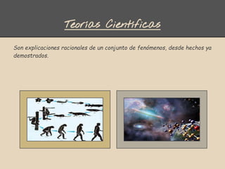 Teorías Científicas
Son explicaciones racionales de un conjunto de fenómenos, desde hechos ya
demostrados.
 