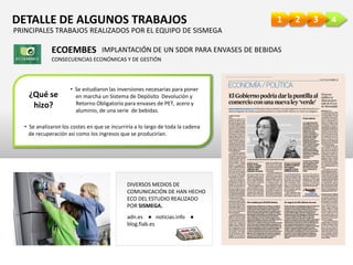 4321DETALLE DE ALGUNOS TRABAJOS
ECOEMBES IMPLANTACIÓN DE UN SDDR PARA ENVASES DE BEBIDAS
CONSECUENCIAS ECONÓMICAS Y DE GESTIÓN
• Se estudiaron las inversiones necesarias para poner
en marcha un Sistema de Depósito Devolución y
Retorno Obligatorio para envases de PET, acero y
aluminio, de una serie de bebidas.
¿Qué se
hizo?
• Se analizaron los costes en que se incurriría a lo largo de toda la cadena
de recuperación así como los ingresos que se producirían.
DIVERSOS MEDIOS DE
COMUNICACIÓN DE HAN HECHO
ECO DEL ESTUDIO REALIZADO
POR SISMEGA.
adn.es ● noticias.info ●
blog.fiab.es
PRINCIPALES TRABAJOS REALIZADOS POR EL EQUIPO DE SISMEGA
 