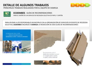 4321DETALLE DE ALGUNOS TRABAJOS
ECOEMBES GUÍAS DE RECOMENDACIONES
PARA EL DISEÑO DE UN SERVICIO DE RECOGIDA SELECTIVA DE PAPEL Y CARTÓN
PARA AYUDAR A LOS RESPONSABLES MUNICIPALES EN LA ORGANIZACIÓN DE SERVICIOS EFICIENTES DE RECOGIDA
SELECTIVA, ECOEMBES ENCARGÓ A SISMEGA LA REDACCIÓN DE DOS GUÍAS DE RECOMENDACIONES:
PRINCIPALES TRABAJOS REALIZADOS POR EL EQUIPO DE SISMEGA
 