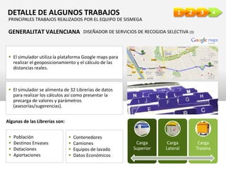 4321DETALLE DE ALGUNOS TRABAJOS
GENERALITAT VALENCIANA DISEÑADOR DE SERVICIOS DE RECOGIDA SELECTIVA (3)
 El simulador utiliza la plataforma Google maps para
realizar el geoposicionamiento y el cálculo de las
distancias reales.
 El simulador se alimenta de 32 Librerías de datos
para realizar los cálculos así como presentar la
precarga de valores y parámetros
(asesorías/sugerencias).
Algunas de las Librerías son:
 Población
 Destinos Envases
 Dotaciones
 Aportaciones
 Contenedores
 Camiones
 Equipos de lavado
 Datos Económicos
Carga
Superior
Carga
Lateral
Carga
Trasera
PRINCIPALES TRABAJOS REALIZADOS POR EL EQUIPO DE SISMEGA
 