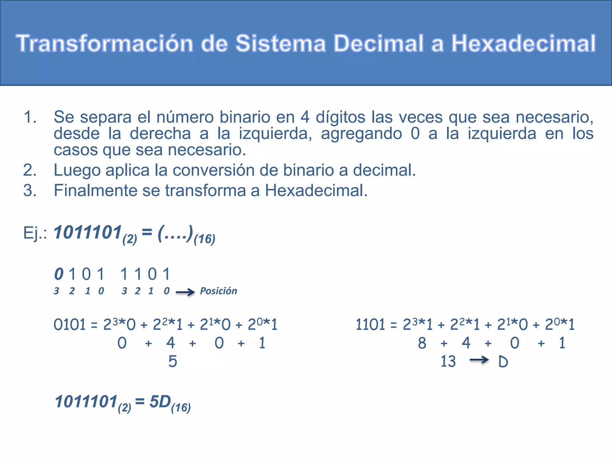 1. Se separa el número binario en 4 dígitos las veces que sea necesario,
   desde la derecha a la izquierda, agregando 0 a la izquierda en los
   casos que sea necesario.
2. Luego aplica la conversión de binario a decimal.
3. Finalmente se transforma a Hexadecimal.

Ej.: 1011101(2) = (….)(16)

    0101 1101
    3 2 1 0   3 2 1 0     Posición


    0101 = 23*0 + 22*1 + 21*0 + 20*1     1101 = 23*1 + 22*1 + 21*0 + 20*1
             0 + 4 + 0 + 1                        8 + 4 + 0 + 1
                    5                                13       D

    1011101(2) = 5D(16)
 