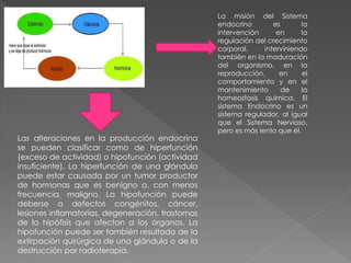 La misión del Sistema
endocrino es la
intervención en la
regulación del crecimiento
corporal, interviniendo
también en la maduración
del organismo, en la
reproducción, en el
comportamiento y en el
mantenimiento de la
homeostasis química. El
sistema Endocrino es un
sistema regulador, al igual
que el Sistema Nervioso,
pero es más lento que él.
Las alteraciones en la producción endocrina
se pueden clasificar como de hiperfunción
(exceso de actividad) o hipofunción (actividad
insuficiente). La hiperfunción de una glándula
puede estar causada por un tumor productor
de hormonas que es benigno o, con menos
frecuencia, maligno. La hipofunción puede
deberse a defectos congénitos, cáncer,
lesiones inflamatorias, degeneración, trastornos
de la hipófisis que afectan a los órganos. La
hipofunción puede ser también resultado de la
extirpación quirúrgica de una glándula o de la
destrucción por radioterapia.
 