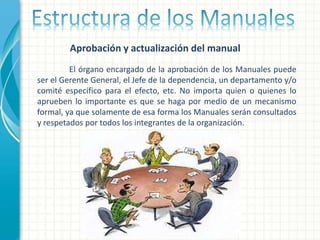 Aprobación y actualización del manual
El órgano encargado de la aprobación de los Manuales puede
ser el Gerente General, el Jefe de la dependencia, un departamento y/o
comité específico para el efecto, etc. No importa quien o quienes lo
aprueben lo importante es que se haga por medio de un mecanismo
formal, ya que solamente de esa forma los Manuales serán consultados
y respetados por todos los integrantes de la organización.
 