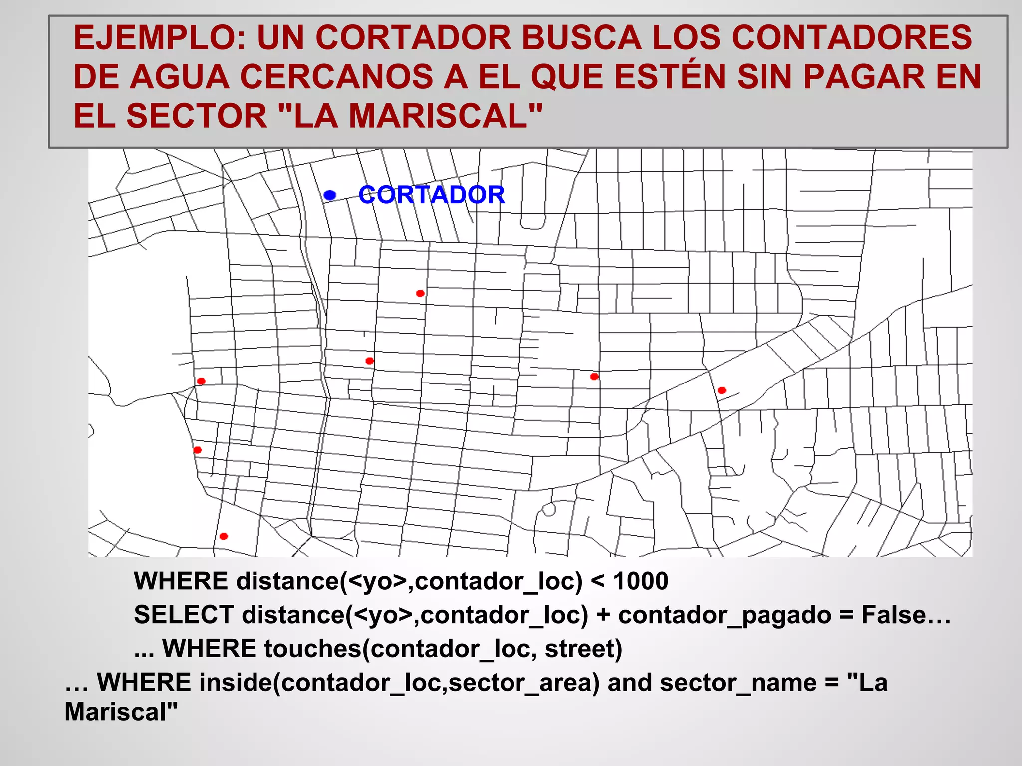 EJEMPLO: UN CORTADOR BUSCA LOS CONTADORES
DE AGUA CERCANOS A EL QUE ESTÉN SIN PAGAR EN
EL SECTOR "LA MARISCAL"

                     CORTADOR




     WHERE distance(<yo>,contador_loc) < 1000
     SELECT distance(<yo>,contador_loc) + contador_pagado = False…
     ... WHERE touches(contador_loc, street)
… WHERE inside(contador_loc,sector_area) and sector_name = "La
Mariscal"
 