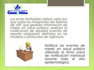 Los entes territoriales deben velar por
que todos los integrantes del Sistema
de VSP, que generen información de
interés en salud pública, realicen la
notificación de aquellos eventos de
reporte obligatorio definidos en los
modelos y protocolos de vigilancia.
Notificar los eventos de
interés en salud pública
utilizando la ficha única
de notificación individual
durante todo el año
epidemiológico.
 