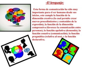 -El lenguaje:
Esta forma de comunicación ha sido muy
importante para el ser humano desde sus
inicios, este cumple la función de la
dimensión creativa (la cual permite crear
nuevos procedimientos y contenidos de la
expresión), la función de la dimensión
comprensiva (favorece la comunicación entre
personas), la función apelativa (demanda), la
función conativa (comunicación), la función
pragmática (relativa al uso), y la función
declarativa.
 