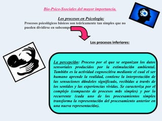 Bio-Psico-Ssociales del mayor importancia.
Los procesos en Psicología:
Procesos psicológicos básicos son teóricamente tan simples que no
pueden dividirse en subcomponentes.
Los procesos inferiores:
La percepción: Proceso por el que se organizan los datos
sensoriales producidos por la estimulación ambiental.
También es la actividad cognoscitiva mediante el cual el ser
humano aprende la realidad, contiene la interpretación de
las sensaciones dándoles significado, recibidas a través de
los sentidos y las experiencias vividas. Se caracteriza por el
complejo (compuesto de procesos más simples) y por lo
recurrente (cada uno de los procesamientos simples
transforma la representación del procesamiento anterior en
una nueva representación).
 