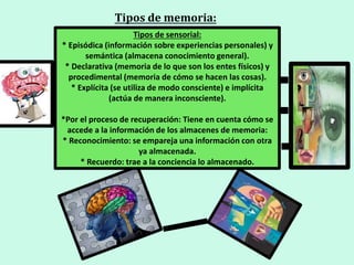 Tipos de sensorial:
* Episódica (información sobre experiencias personales) y
semántica (almacena conocimiento general).
* Declarativa (memoria de lo que son los entes físicos) y
procedimental (memoria de cómo se hacen las cosas).
* Explícita (se utiliza de modo consciente) e implícita
(actúa de manera inconsciente).
*Por el proceso de recuperación: Tiene en cuenta cómo se
accede a la información de los almacenes de memoria:
* Reconocimiento: se empareja una información con otra
ya almacenada.
* Recuerdo: trae a la conciencia lo almacenado.
Tipos de memoria:
 