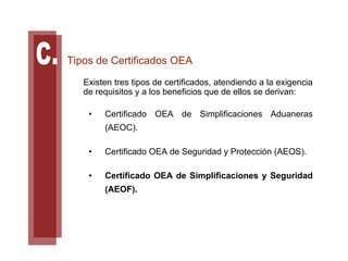 Tipos de Certificados OEA
   Existen tres tipos de certificados, atendiendo a la exigencia
   de requisitos y a los beneficios que de ellos se derivan:

    •   Certificado OEA de Simplificaciones Aduaneras
        (AEOC).

    •   Certificado OEA de Seguridad y Protección (AEOS).

    •   Certificado OEA de Simplificaciones y Seguridad
        (AEOF).
 