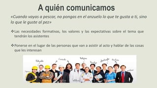 A quién comunicamos
«Cuando vayas a pescar, no pongas en el anzuelo lo que te gusta a ti, sino
lo que le guste al pez»
Las necesidades formativas, los valores y las expectativas sobre el tema que
tendrán los asistentes
Ponerse en el lugar de las personas que van a asistir al acto y hablar de las cosas
que les interesan
 