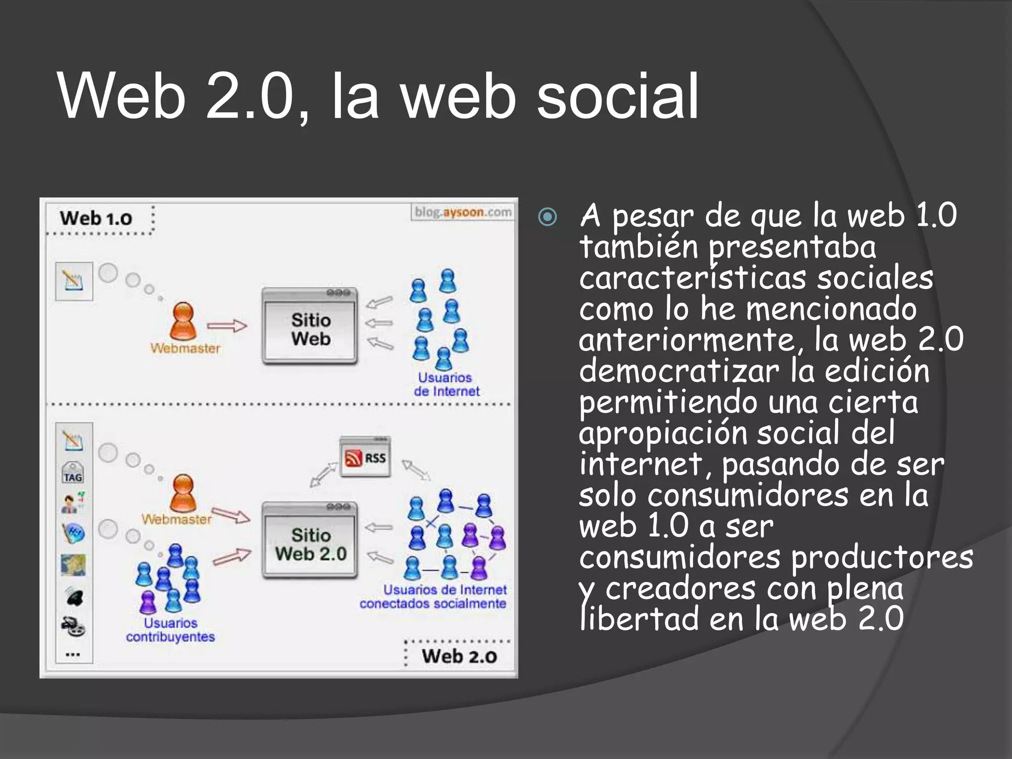Web 2.0, la web social
                   A pesar de que la web 1.0
                    también presentaba
                    características sociales
                    como lo he mencionado
                    anteriormente, la web 2.0
                    democratizar la edición
                    permitiendo una cierta
                    apropiación social del
                    internet, pasando de ser
                    solo consumidores en la
                    web 1.0 a ser
                    consumidores productores
                    y creadores con plena
                    libertad en la web 2.0
 