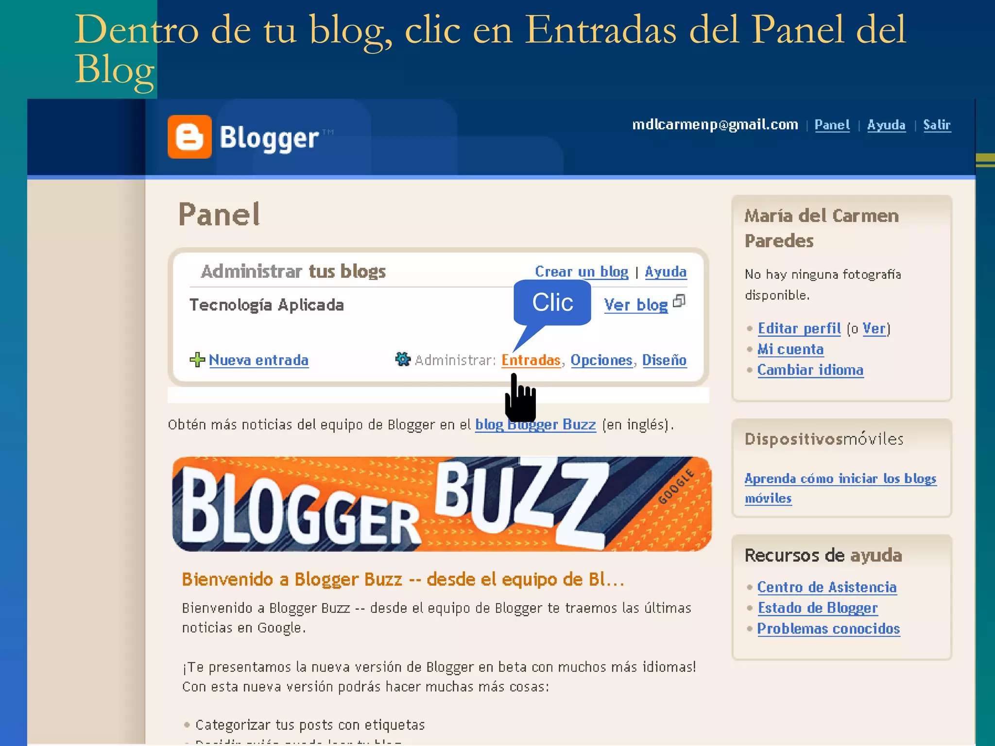 Dentro de tu blog, clic en Entradas del Panel del Blog Clic 